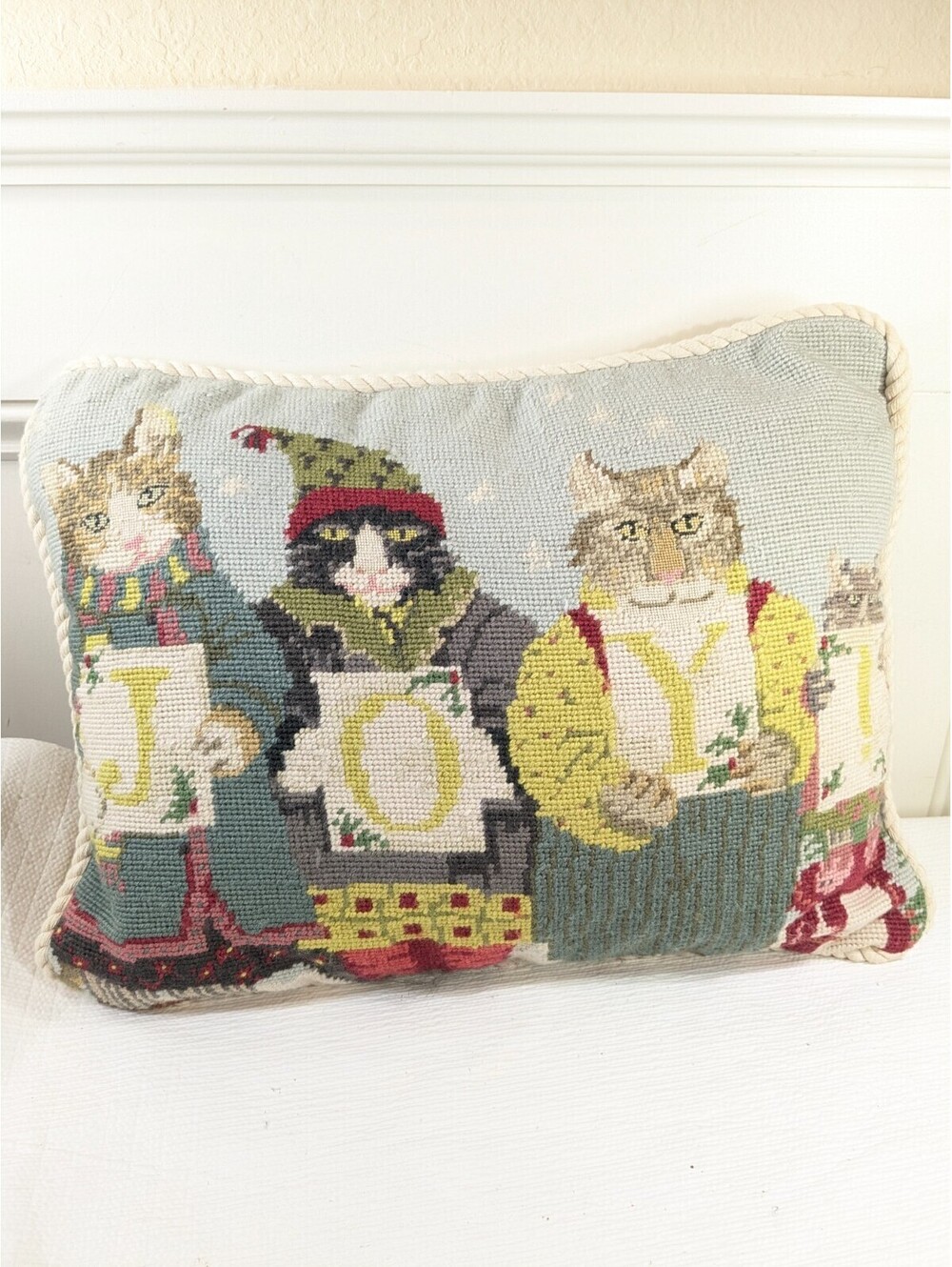Vintage Cats in Snow Joy pillow Christmas decor throw Paris Bottman Needlepoint